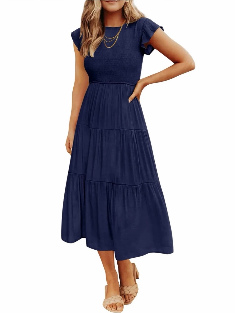 Zesica Navy Tiered Flutter-Sleeve Midi Dress - Unknown Brand